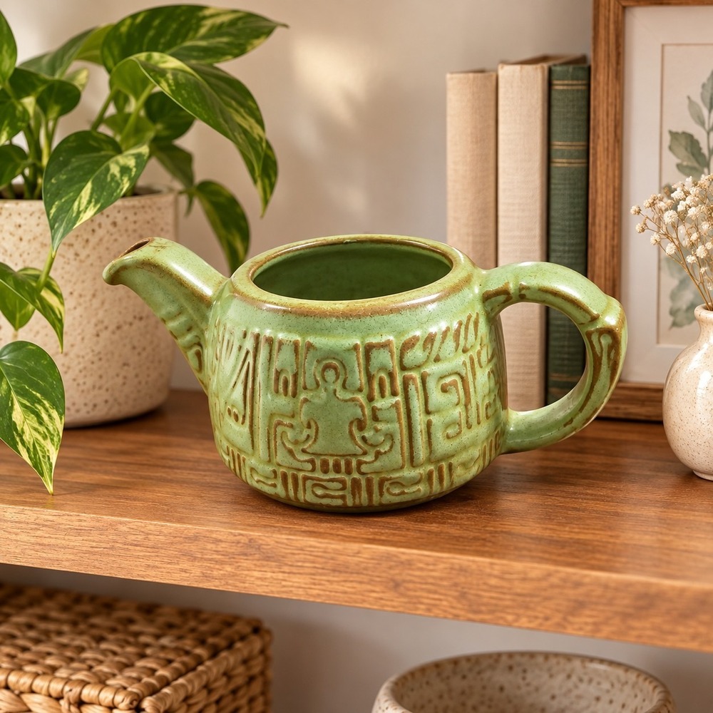 Frankoma Pottery 7J Teapot Prairie Green Sapulpa Clay Mayan Aztec MCM NO LID VTG